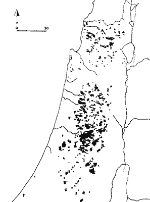 מפת תפוצה של כרמי זיתים בארץ 1935